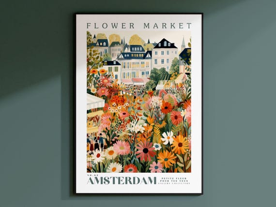 Amsterdam Flower Market Travel Poster, Botanical Art