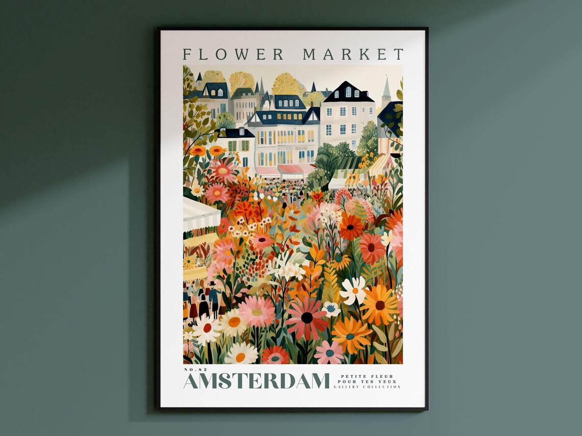 Amsterdam Flower Market Travel Poster, Botanical Art