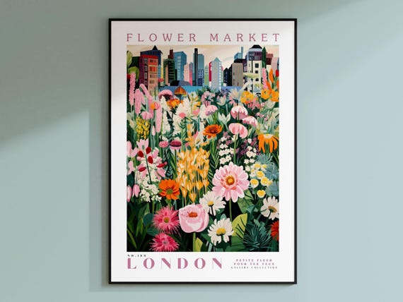 London Flower Market Travel Poster, Floral Illustration