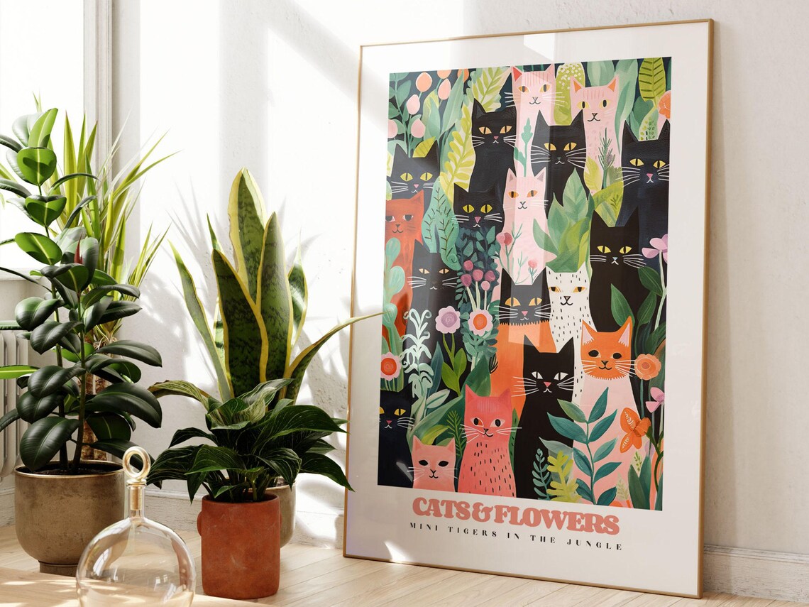 Cats and Flowers Kitchen Heroes Black Cats Plant Shelf Art Wall Poster - Image 2