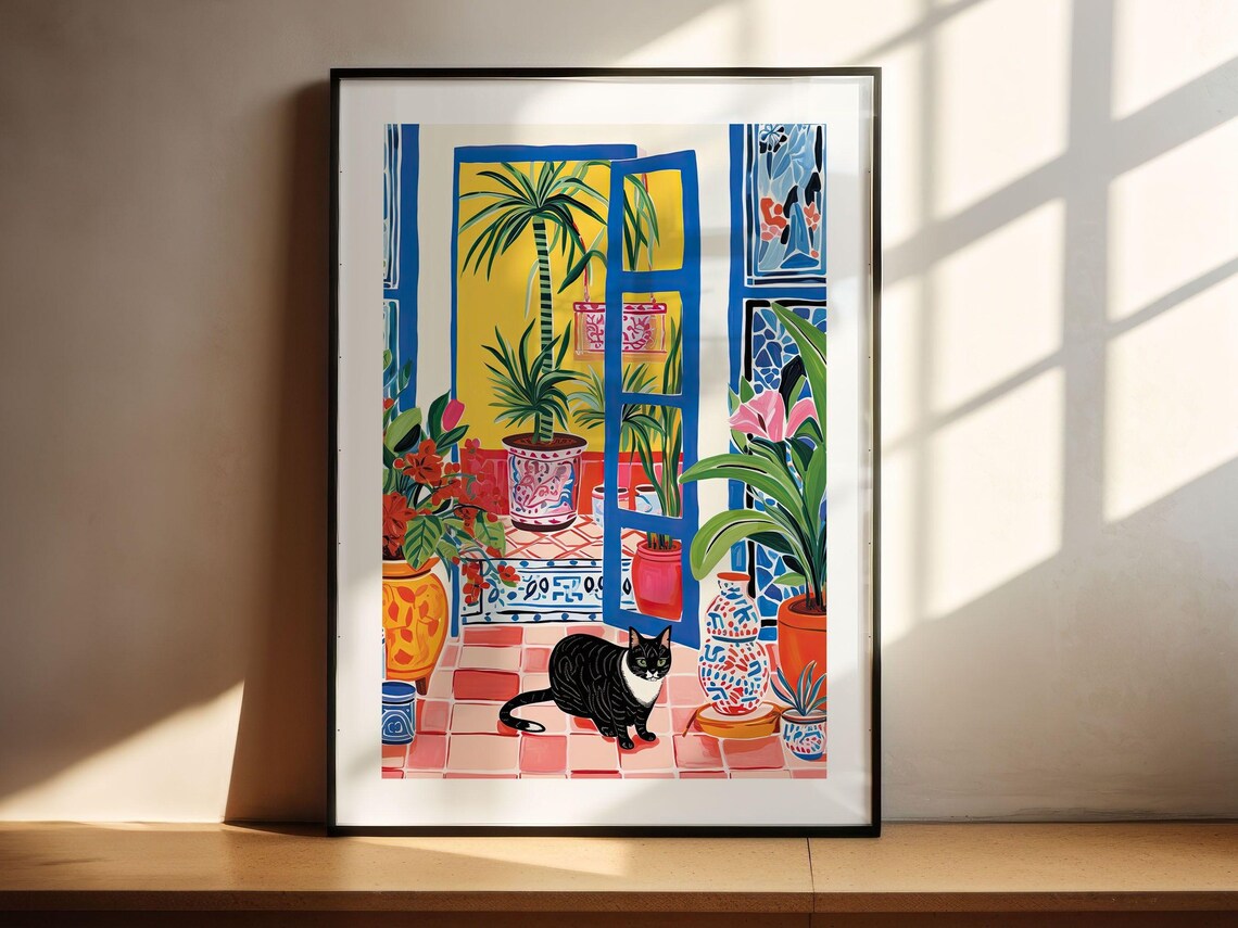 Black Tuxedo Cat on a Sunlit Mediterranean Potted Terrace Wall Art - Image 2