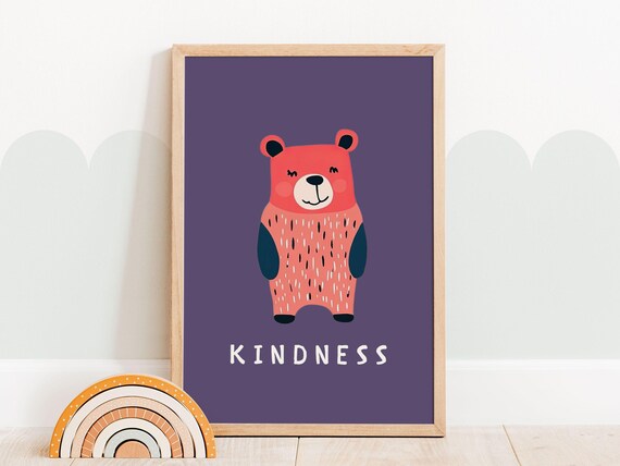Red Bear Kindness Nursery Poster Purple Background Kids Room Wall Decor