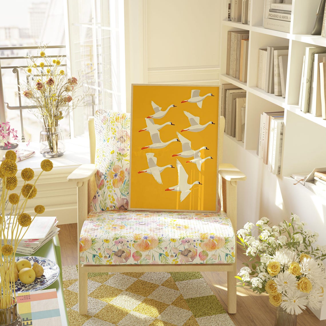 Flying Swans Flock Mustard Yellow Minimalist Bird Illustration Poster - Image 3