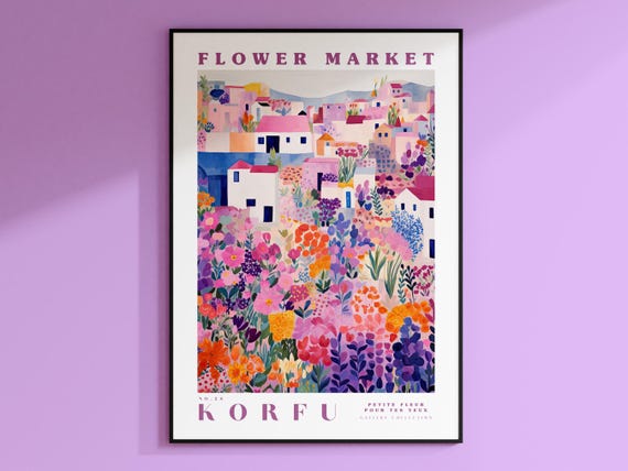 Korfu Flower Market Travel Poster, Floral Decor