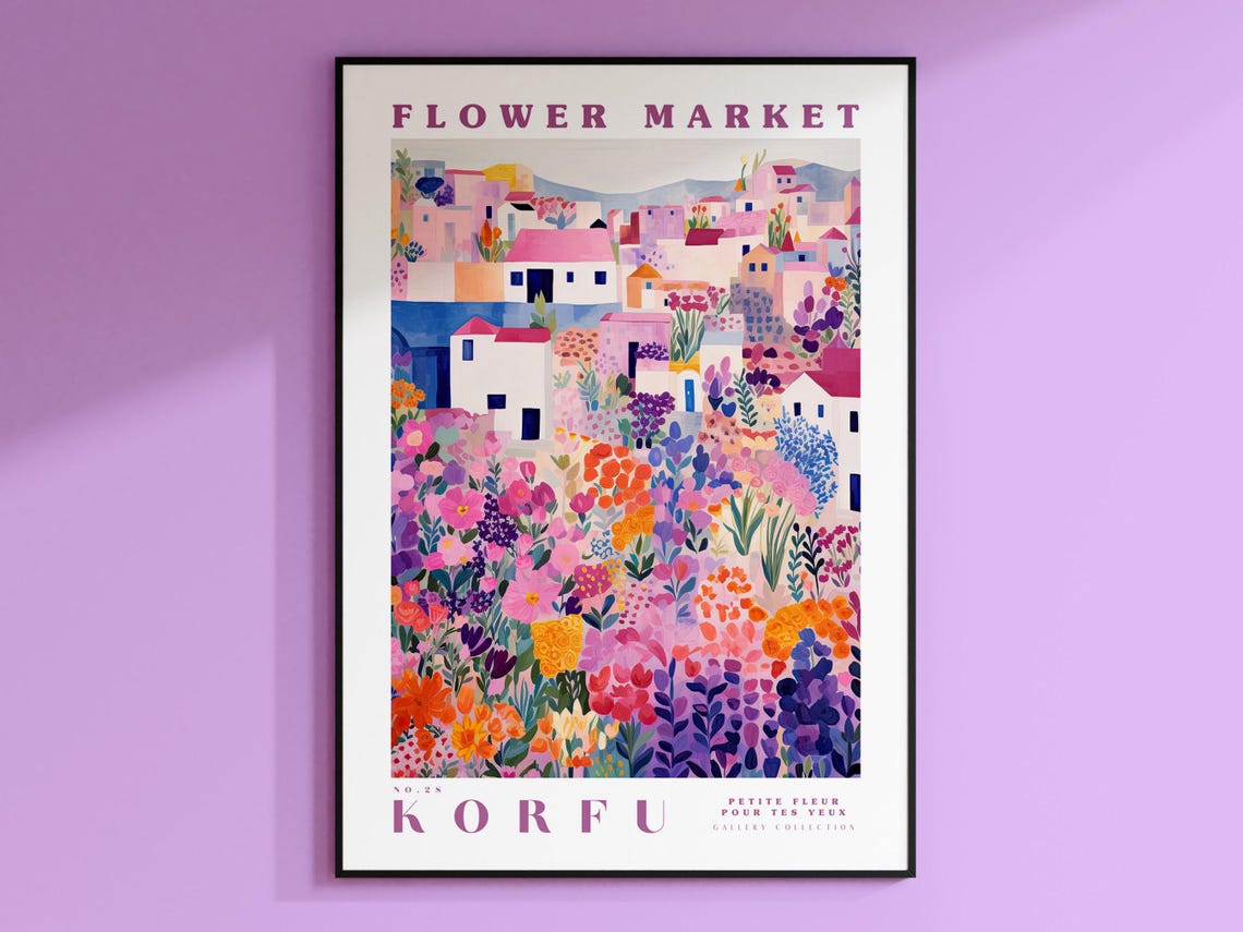 Korfu Flower Market Travel Poster, Floral Decor