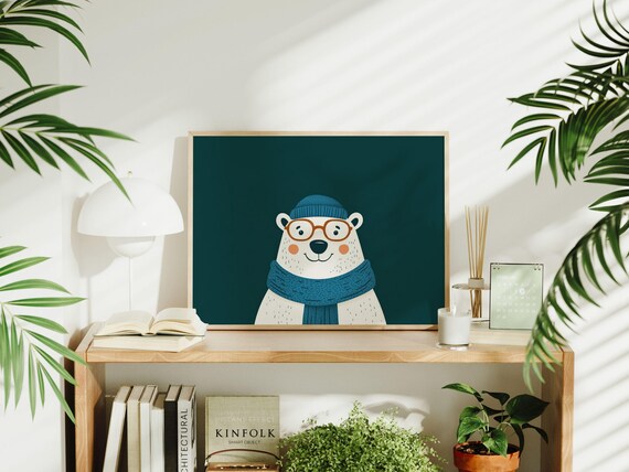 Cozy Polar Bear with Glasses Winter Nursery Kids Room Poster