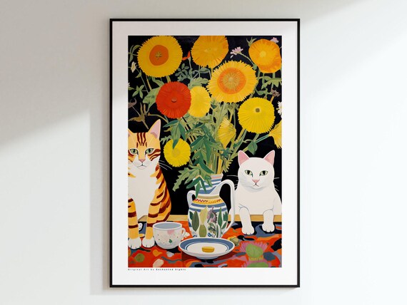 Two Cats With Giant Sunflowers Still Life Cat Illustration Poster