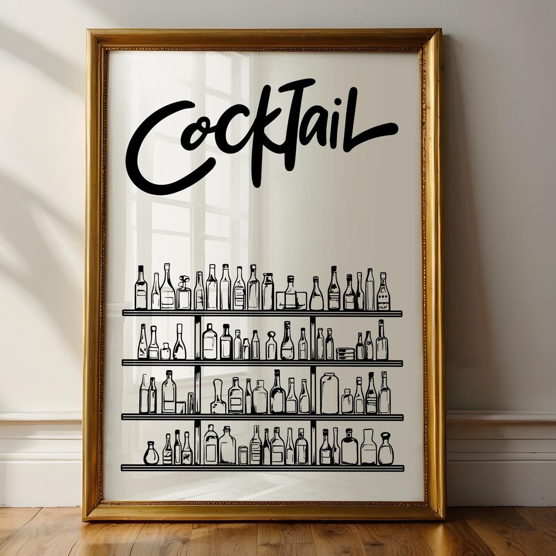 Cocktail Script Bar Shelf Bottles Line Drawing Home Bar Decor Wall Art