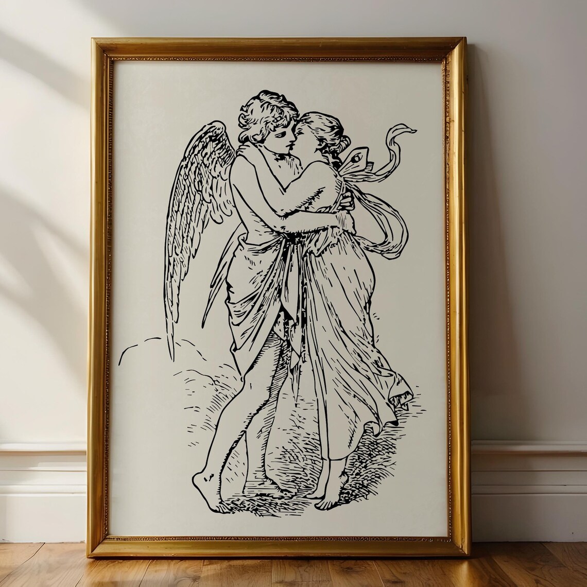 Angels In Love Angel Embracing Woman Vintage Engraving Wall Art