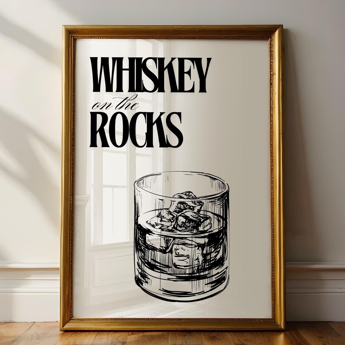 Whiskey on the Rocks Bar Cart Print Minimalist Rocks Glass Sketch Wall Art