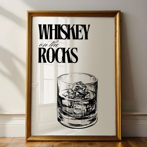 Whiskey on the Rocks Bar Cart Print Minimalist Rocks Glass Sketch Wall Art