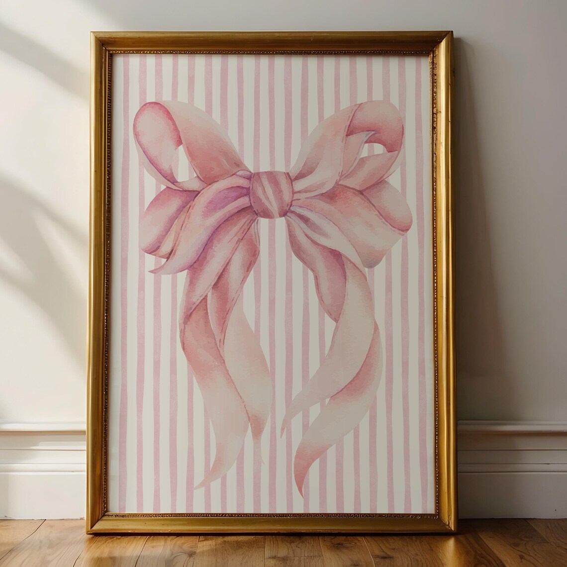 Pink Watercolor Bow On Pink Stripes Coquette Girl Room Wall Art