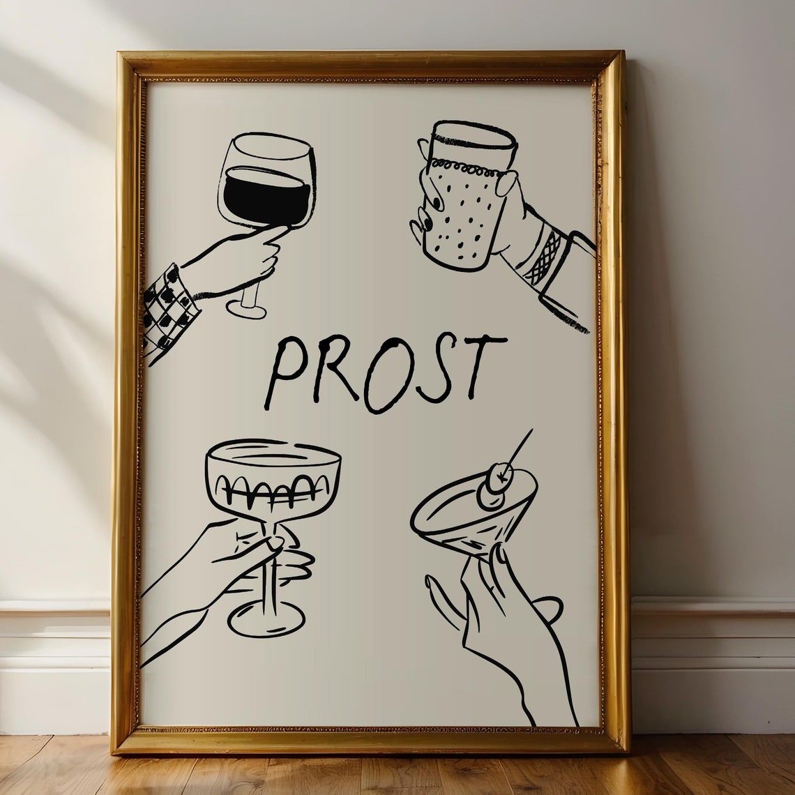 Prost Cheers Bar Print Hands Holding Wine Cocktail Sketch Wall Art - Image 3