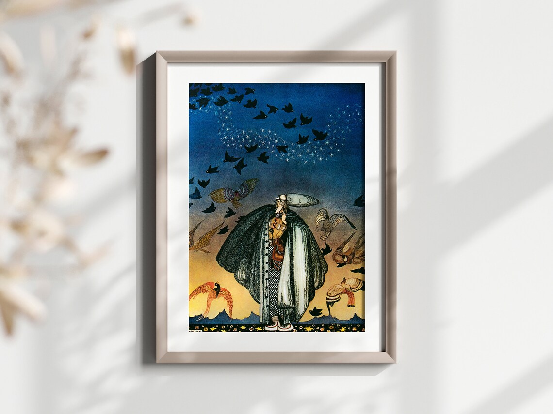 Kay Nielsen Cloaked Figure Among Birds Starry Dusk Fairytale Poster