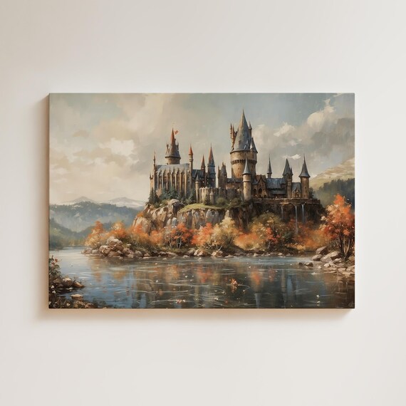 Magical Wizard Castle Oil Painting Poster On Rocky Cliffs By The Lake