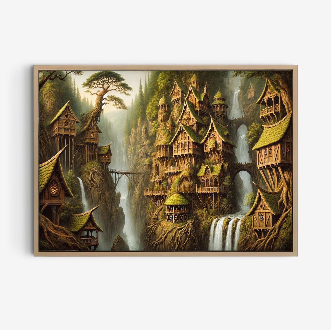 Fantasy Treehouse Village With Waterfalls in Enchanted Forest Poster