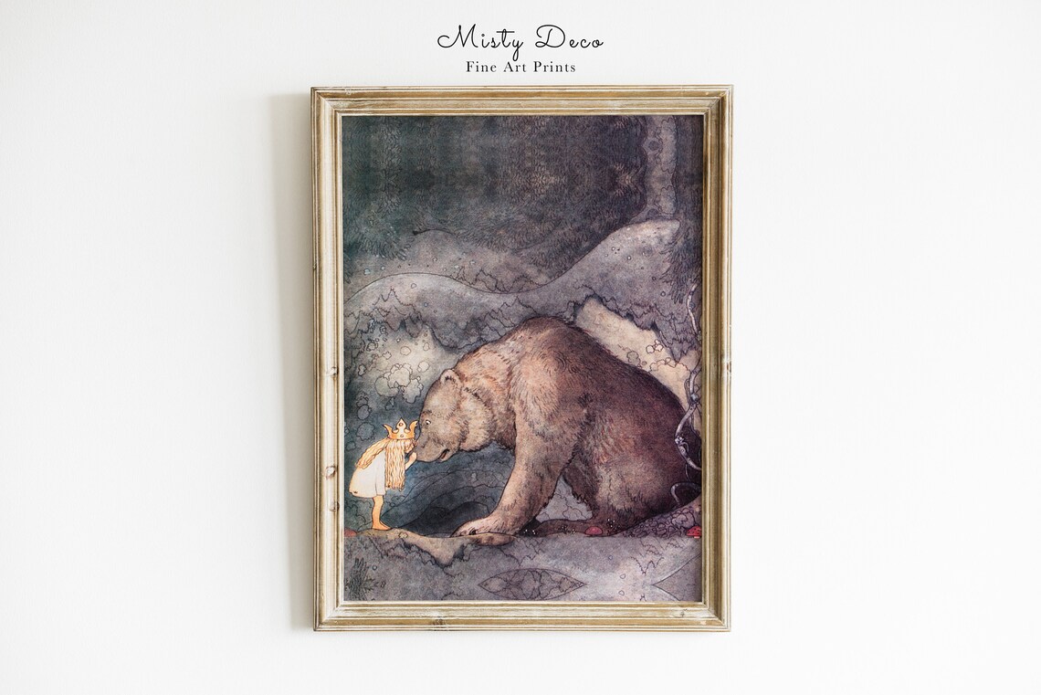 John Bauer Princess Bella Kisses Bear Art Print