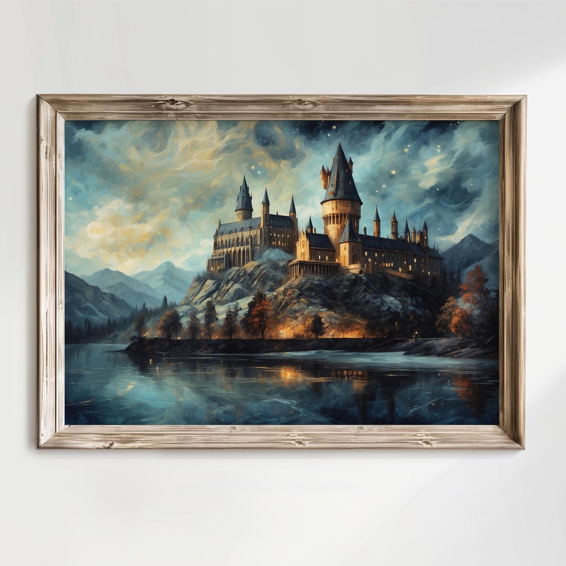 Wizard Castle Under Starry Sky Oil Painting Magical School Art Wizarding Academia Wall