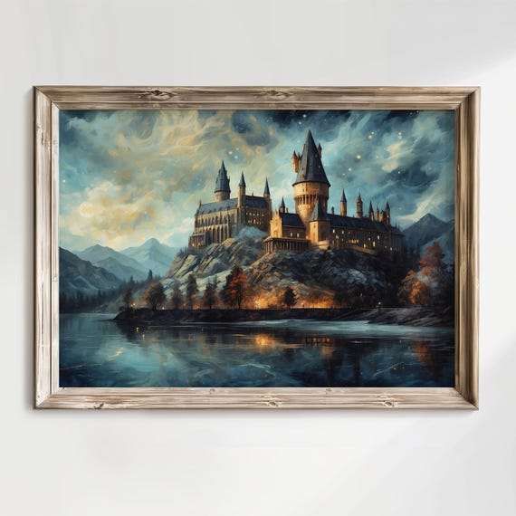 Wizard Castle Under Starry Sky Oil Painting Magical School Art Wizarding Academia Wall