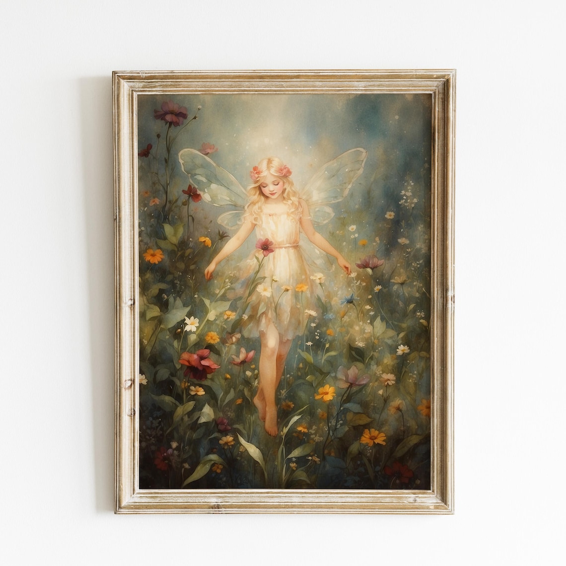 Blonde Fairy In A Blooming Wildflower Meadow Watercolor Poster