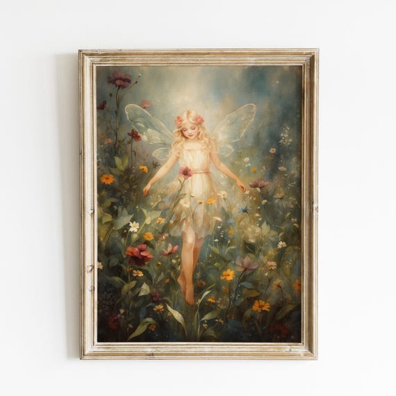 Vintage Flower Fairy Water Color Painting Art For Nursery