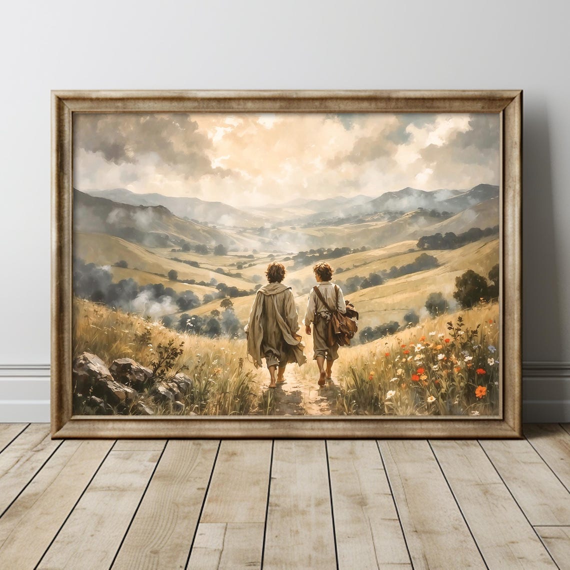Two Travelers on a Golden Hillside Path Fantasy Adventure Poster