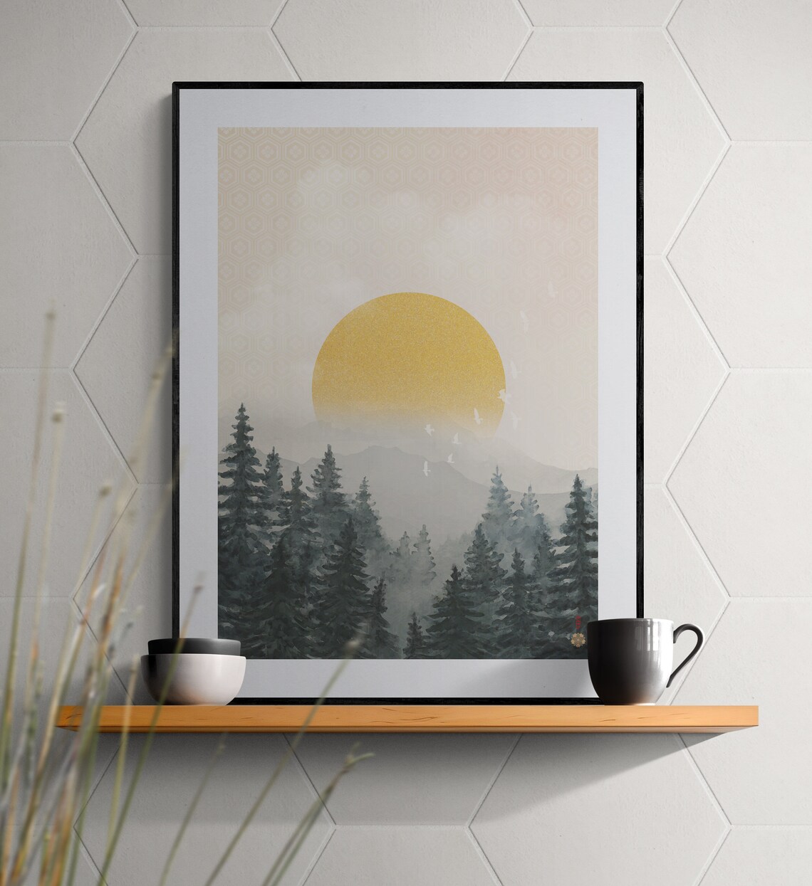 Golden Sunrise Wabi Sabi Japandi Birds Art Print - Image 2