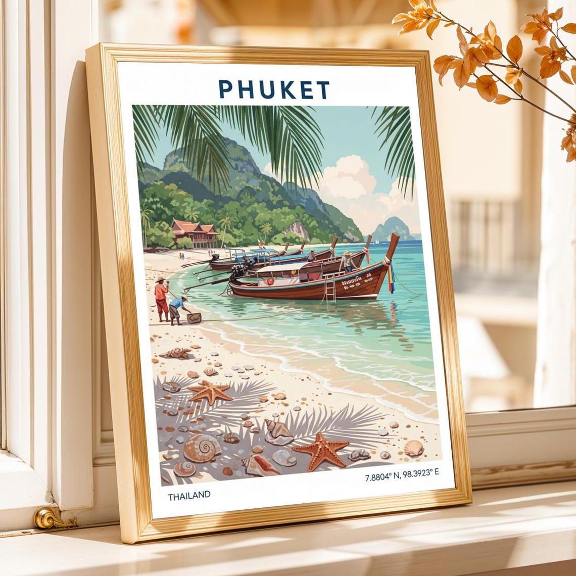 Phuket Thailand Longtail Boats Limestone Cliffs Travel Poster