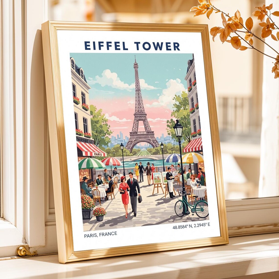Eiffel Tower Paris France Vintage Cafe Street Scene Travel Poster