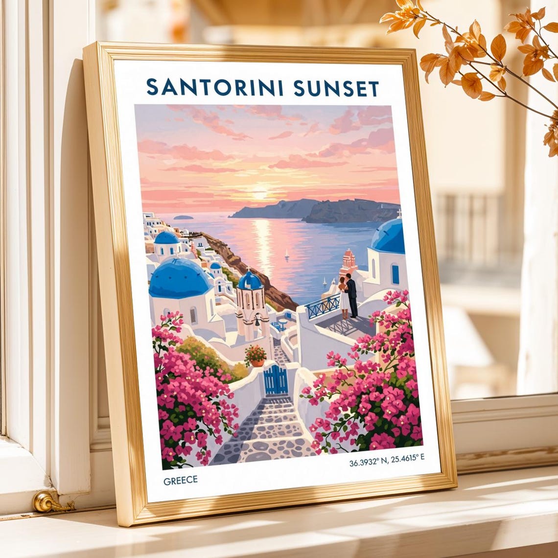Santorini Sunset Greece Romantic Vintage Island Aegean Travel Poster