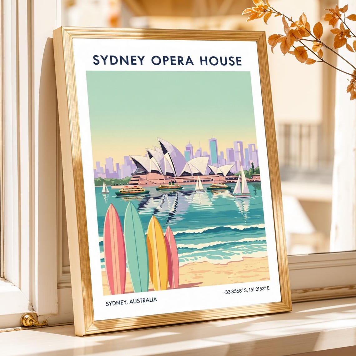 Sydney Opera House Australia Harbour Surfboard Beach Travel Poster