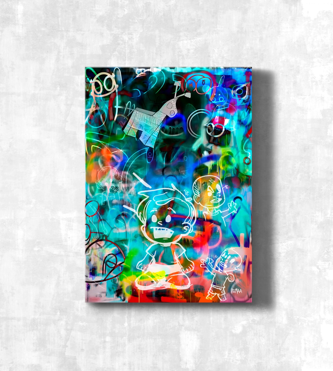 Neon Graffiti Cartoon Faces Street Art Glowing Teal Blue Wall Art