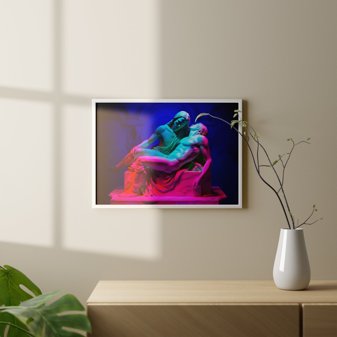 Neon Lit Classical Pieta Statue in Pink and Blue Glowing Light Art Poster - Image 4