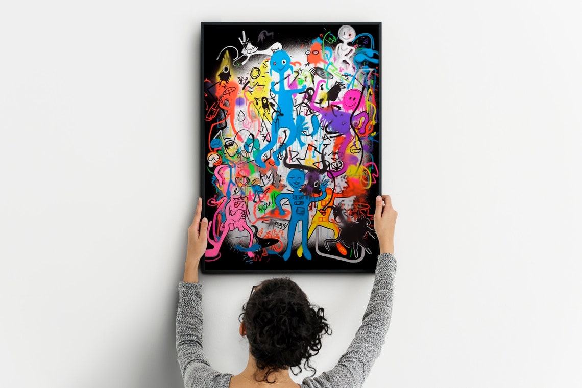 Neon Graffiti Cartoon Doodle Collage on Black Background Art Poster - Image 6
