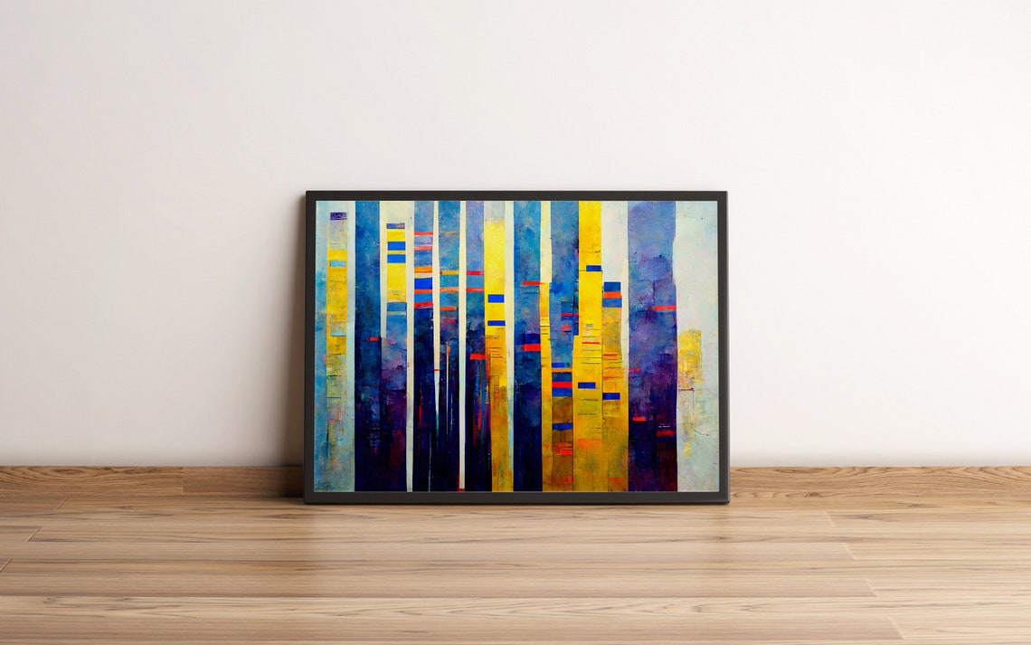 Abstract Blue and Yellow Vertical Stripe Oil Painting Poster - Image 6