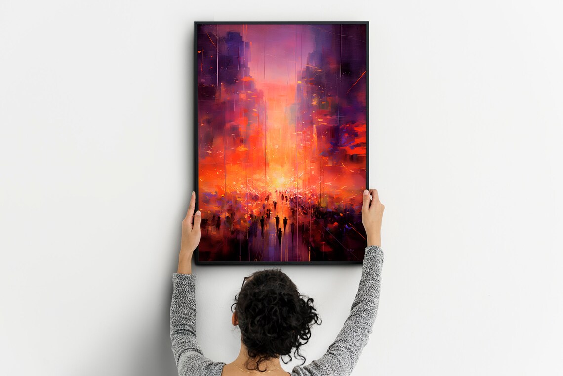 Abstract Orange Sunset City Crowd Street Oil Painting Art Poster - Image 6
