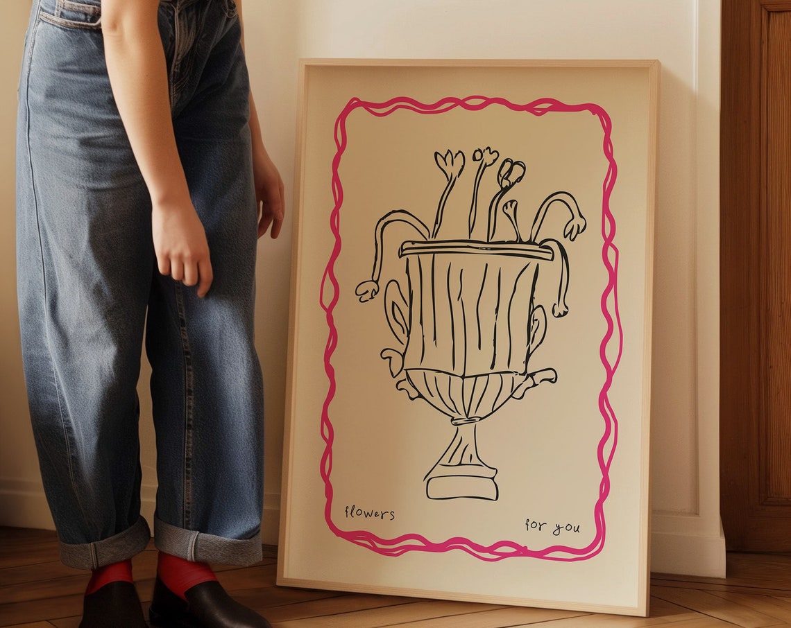 Flowers For You Hand Drawn Urn Pink Wavy Border Romantic Wall Poster - Image 4
