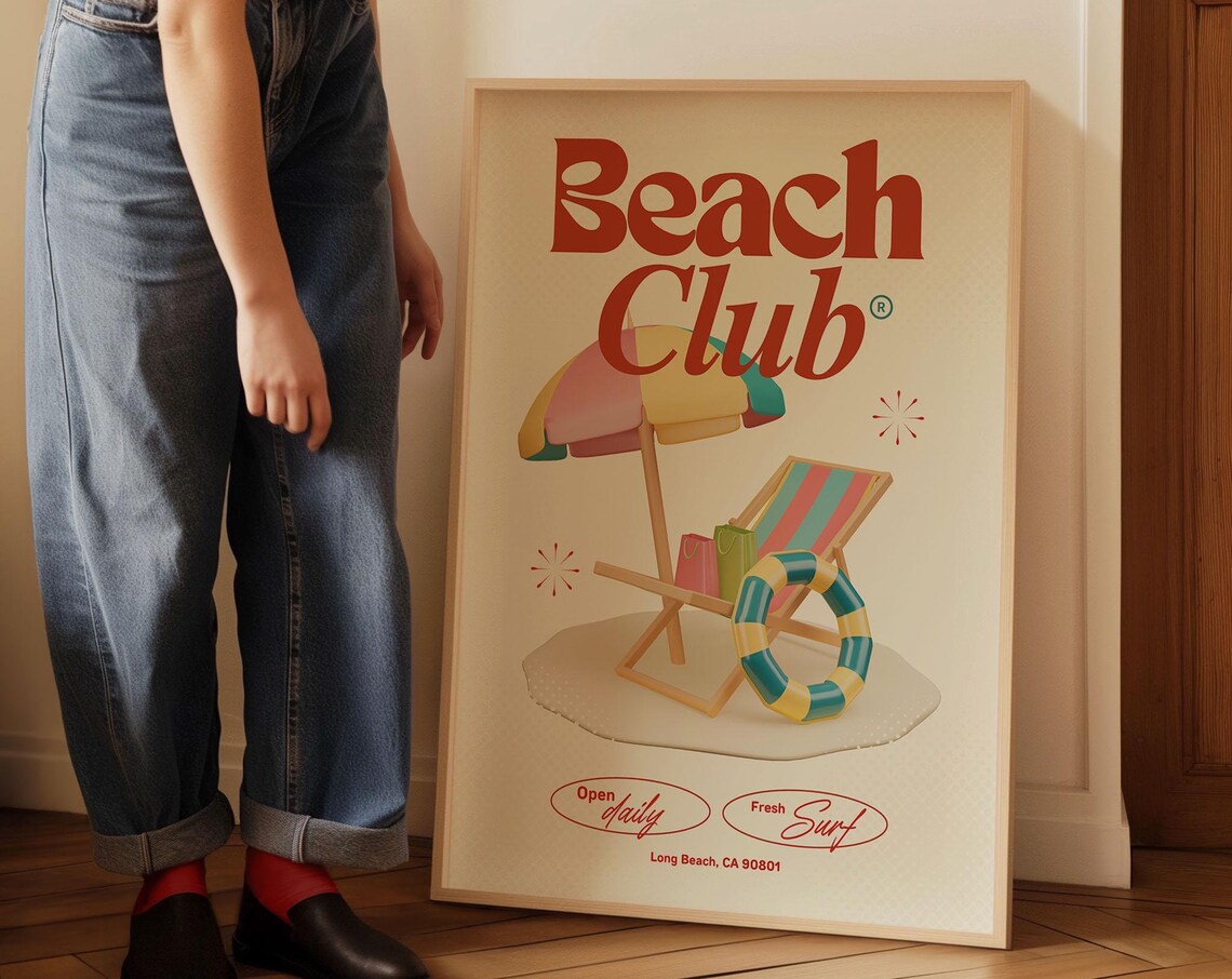 Beach Club Retro Long Beach California Surf Umbrella Wall Poster - Image 3