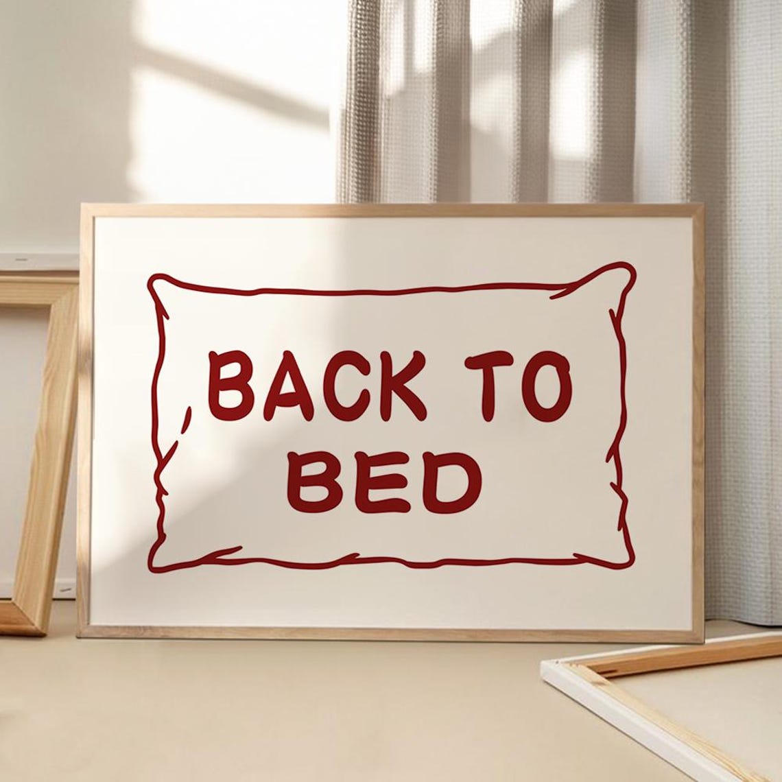 Back to Bed Funny Pillow Outline Retro Red Typography Quote Poster