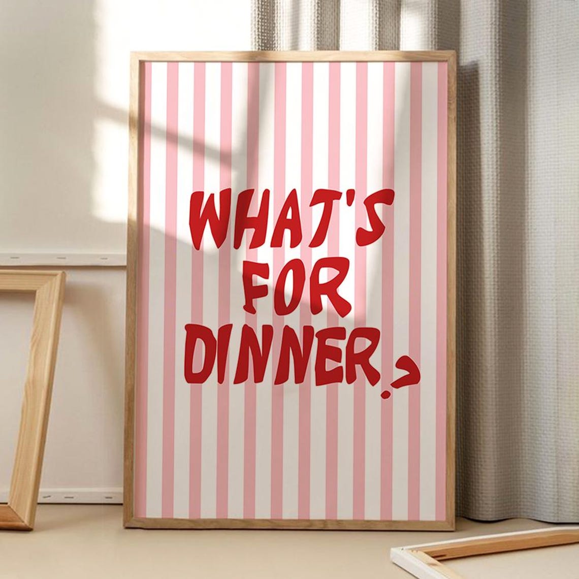 Whats For Dinner Red Lettering Pink Stripes Fun Kitchen Poster