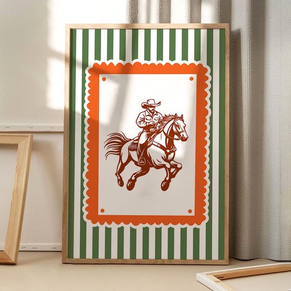 Striped Cowboy Riding Art Poster Trendy Wall Girls Decor Retro Home Print Printed Gift