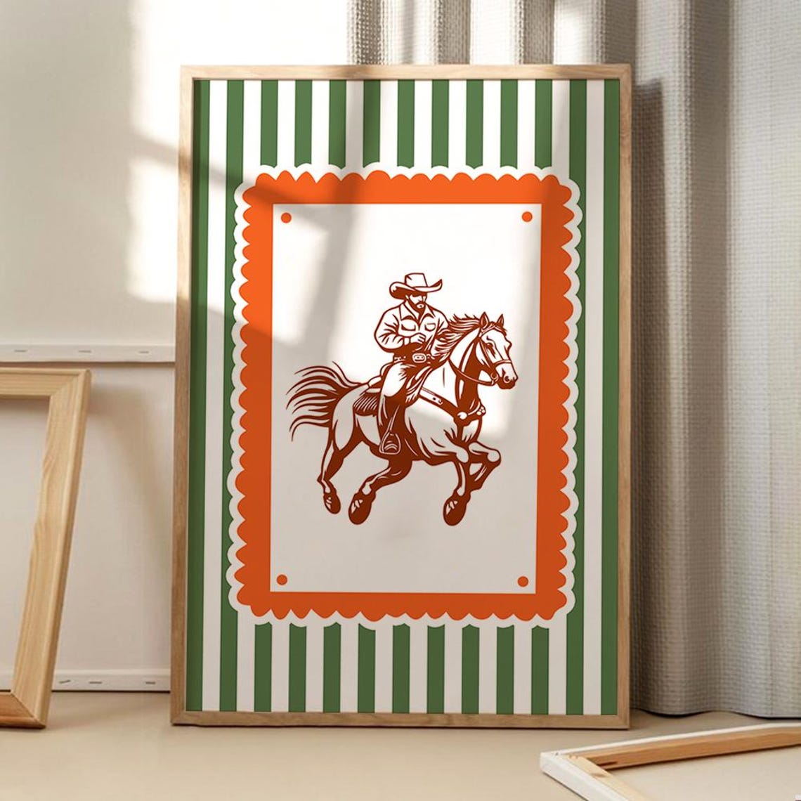 Vintage Western Cowboy Riding Horseback Retro Striped Style Poster