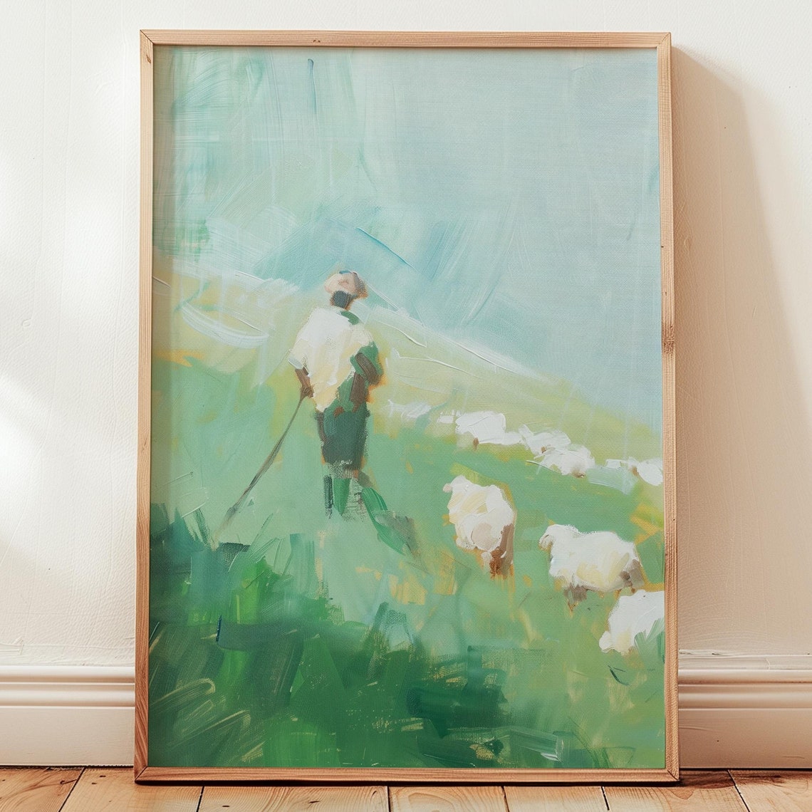 Peaceful Shepherd With Sheep Green Pasture Impressionist Art Poster