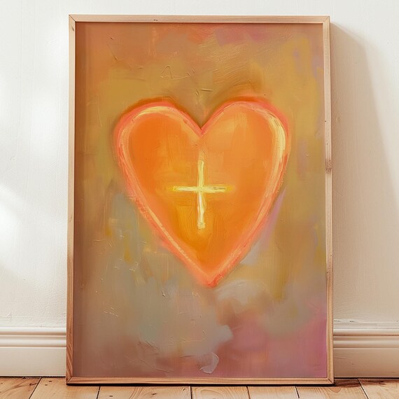 Heart With Cross Warm Orange Abstract Faith Christian Art Poster