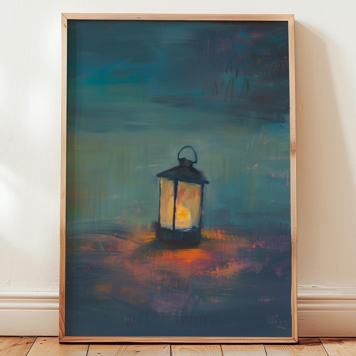 Glowing Lantern Night Teal Abstract Moody Candlelight Painting Poster
