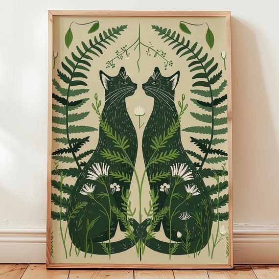 Fern Cats Art Print Whimsical Botanical Cat Lover Decor