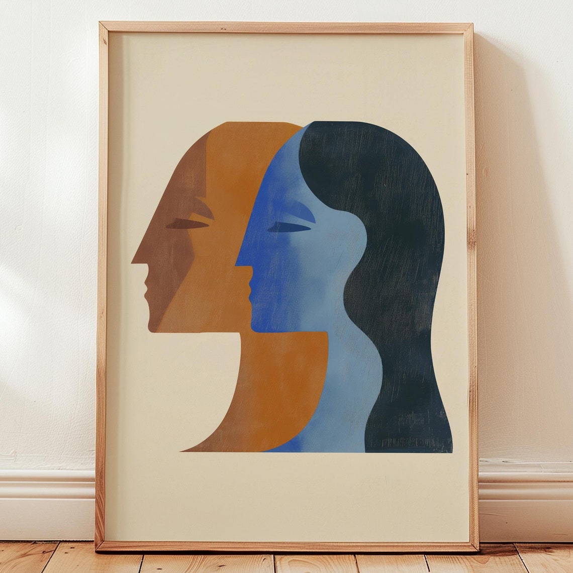 Minimalist Abstract Of Two Overlapping Faces In Blue And Ochre Art Print