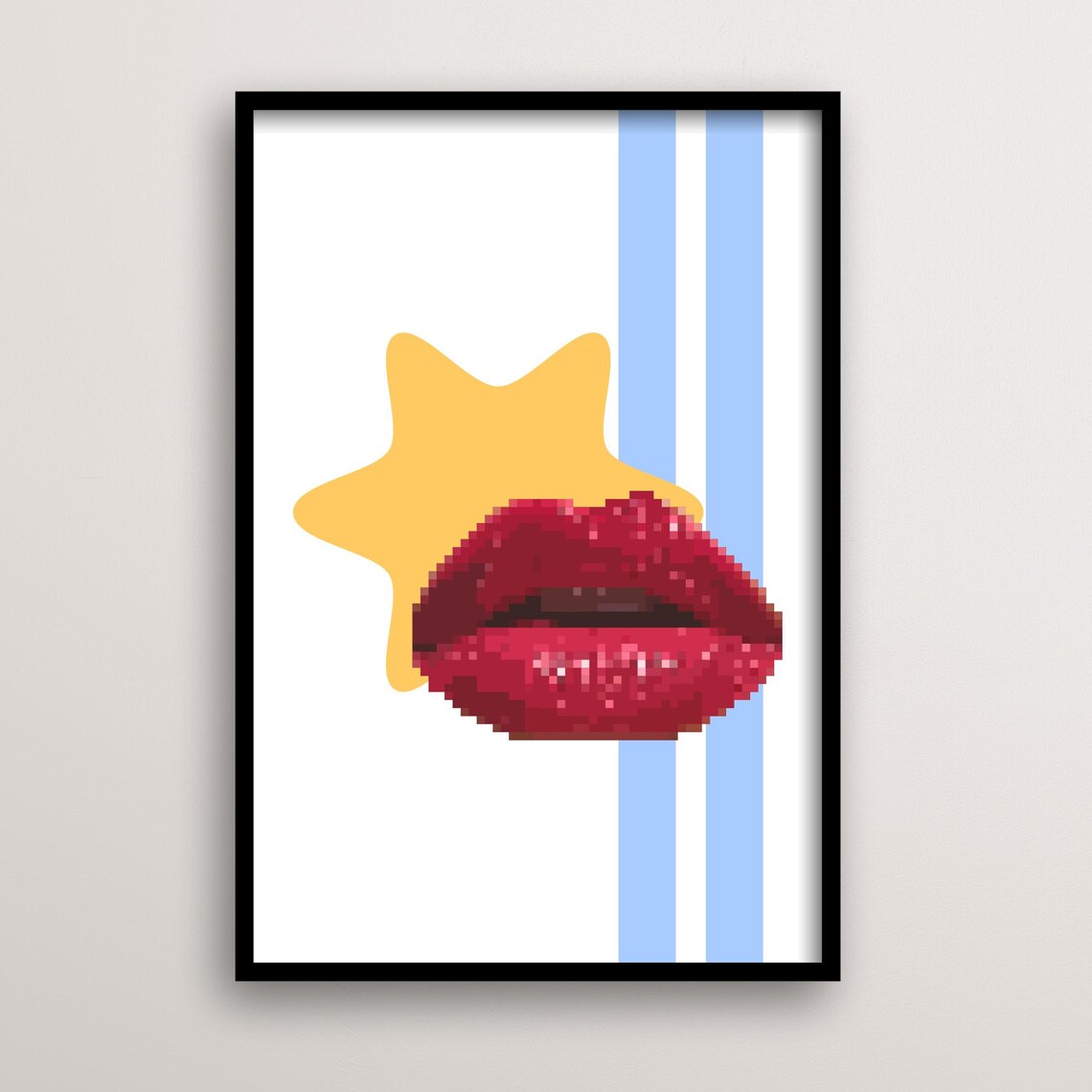 Pixel Lips Geometric Pop Art Print, Modern Decor