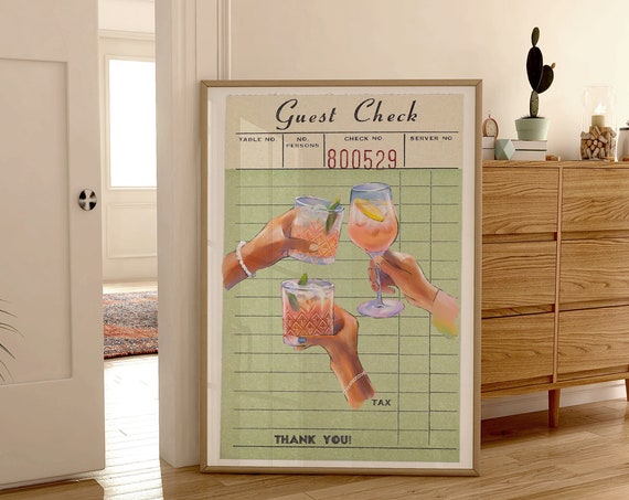 Cheers Guest Check Poster, Retro Kitchen Cocktail Art