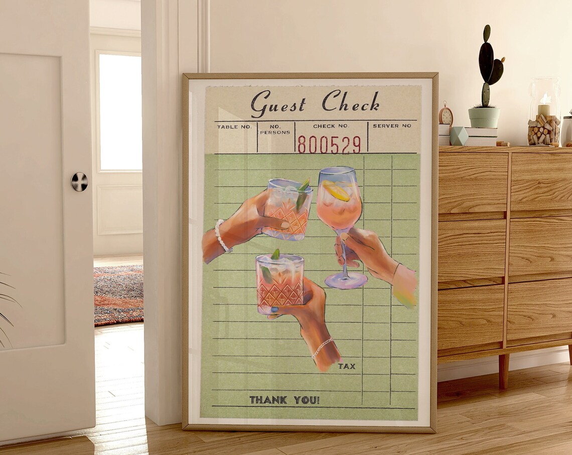 Cheers Guest Check Poster, Retro Kitchen Cocktail Art